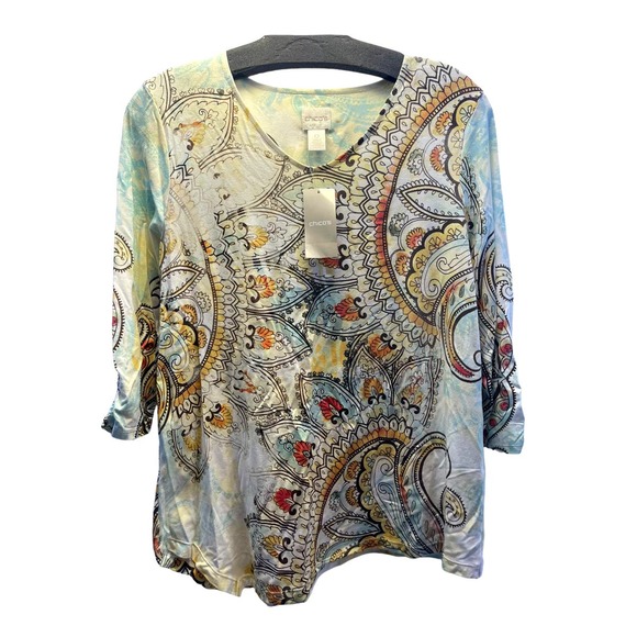 Chico's Tan 3/4 Length V Neck Shirt-‎ NWT - Picture 1 of 5